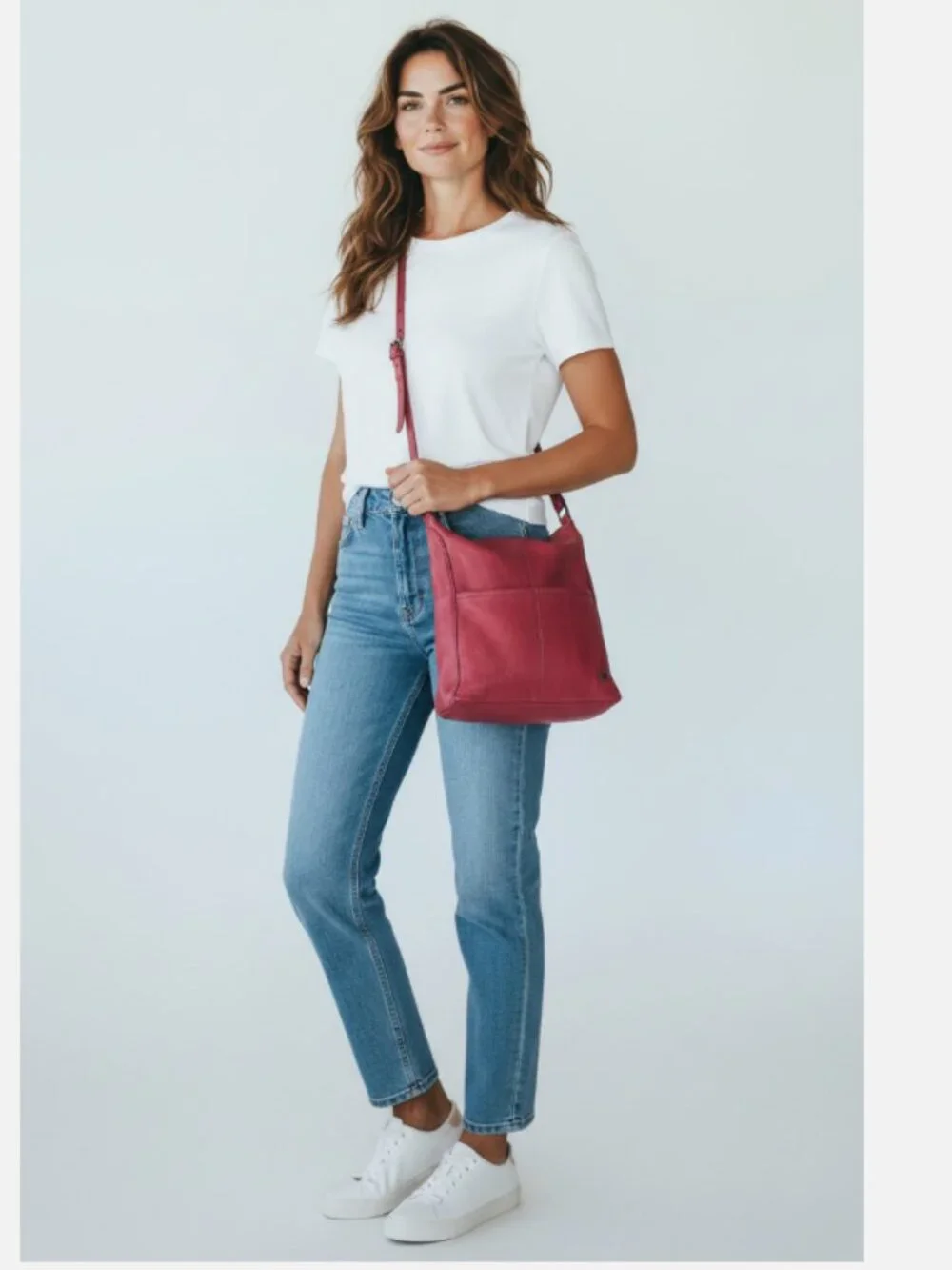 The Sak Iris Red Pebbled Leather Crossbody Bag Messenger Zip Pockets EUC